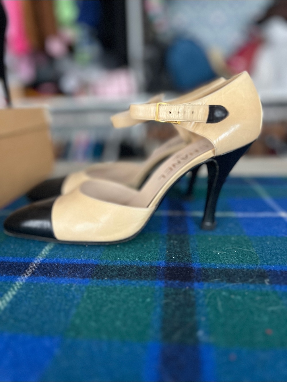 CHANEL Two-Tone Pointed Toe Ankle Strap Pumps in Beige & Black - Picture 3 of 4